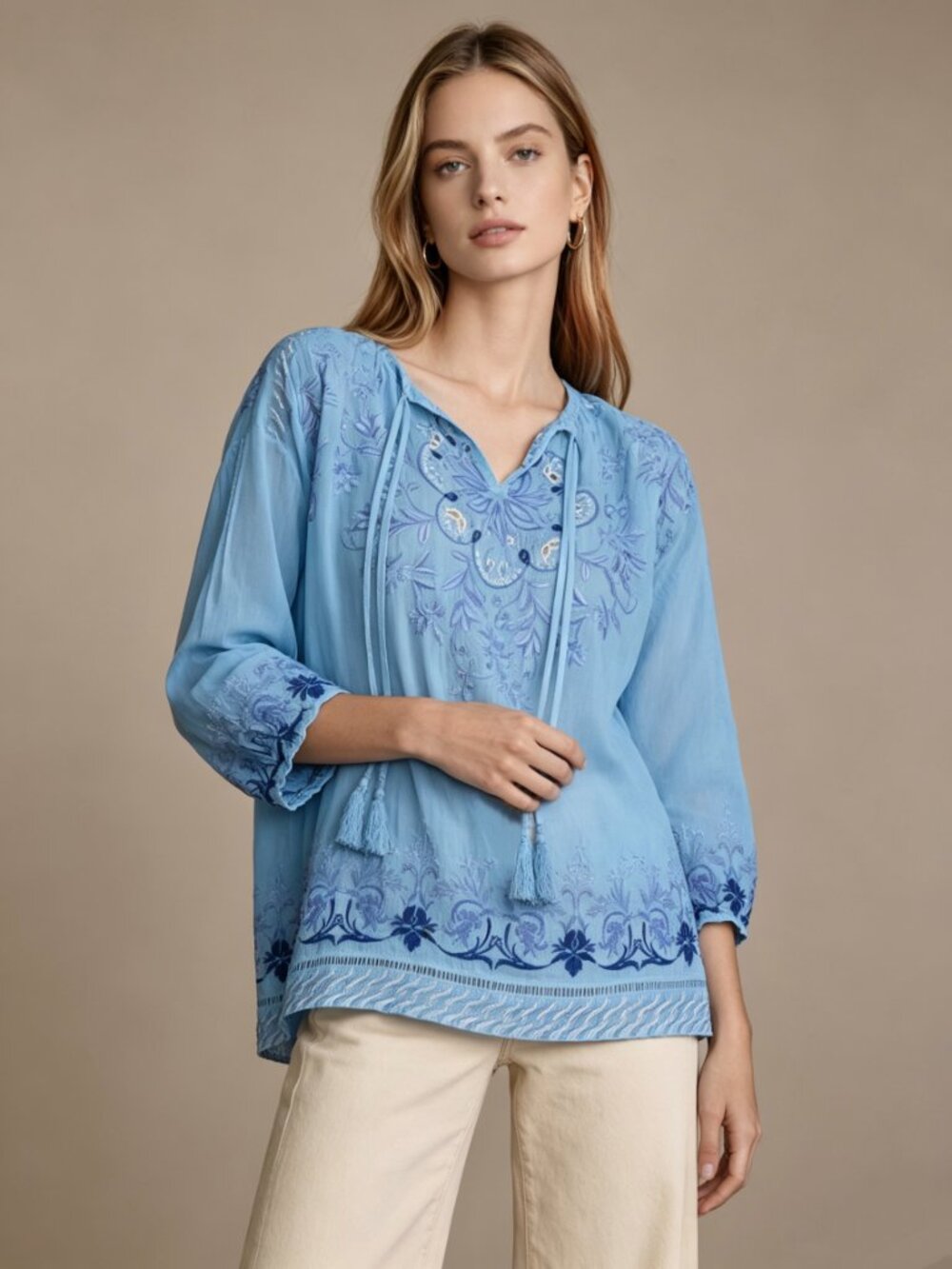 NWOT Johnny Was Margot Embroidered Floral Top Shirt Blouse Blue Size PL